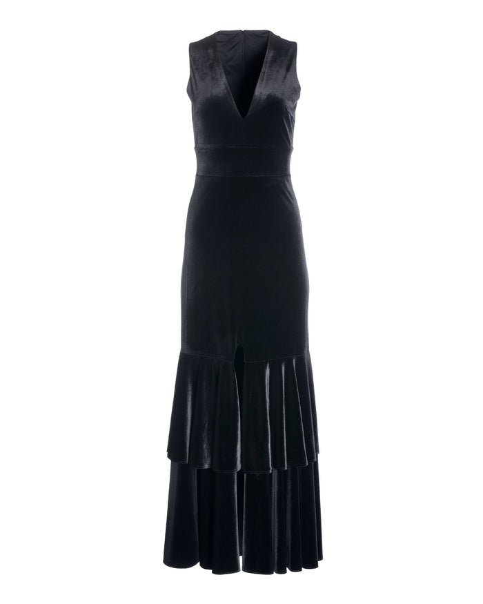 Velvet V Neck Ruffle Hem Gown Black