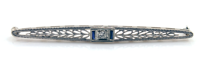 VICTORIAN  14K WHITE GOLD & PLATINUM TOP DIAMOND SAPPHIRE FILIGREE BAR PIN OFFERED BY ANTIQUE DIGGER