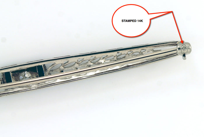 VICTORIAN  14K WHITE GOLD & PLATINUM TOP DIAMOND SAPPHIRE FILIGREE BAR PIN OFFERED BY ANTIQUE DIGGER