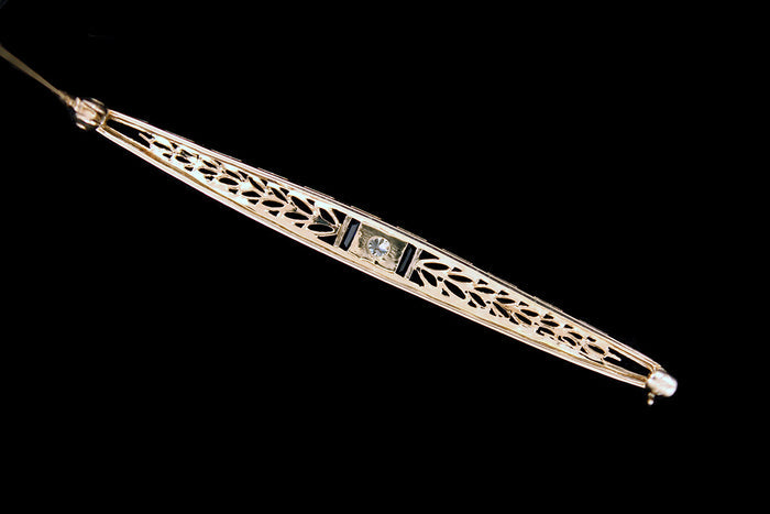 VICTORIAN  14K WHITE GOLD & PLATINUM TOP DIAMOND SAPPHIRE FILIGREE BAR PIN OFFERED BY ANTIQUE DIGGER
