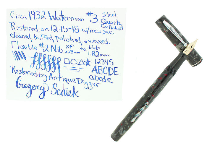 WATERMAN 3 GREY PEARL CELLULOID FOUNTAIN PEN XF-BBB FLEX NIB RESTORED OFFERED BY ANTIQUE DIGGER
