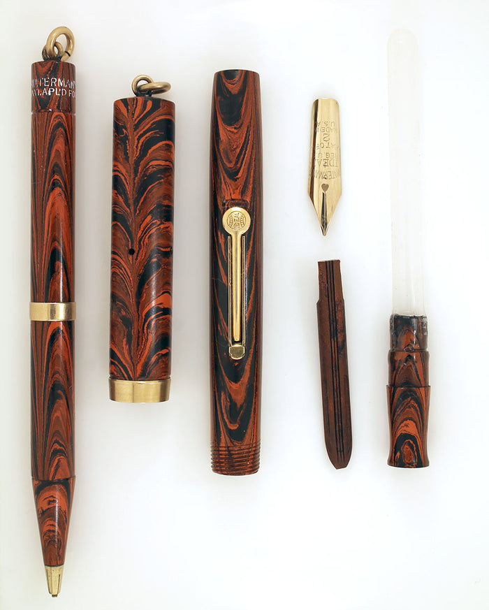 WATERMAN 52 1/2V RED RIPPLE FOUNTAIN PEN & PENCIL F to BBB FLEX NIB RESTORED OFFERED BY ANTIQUE DIGGER