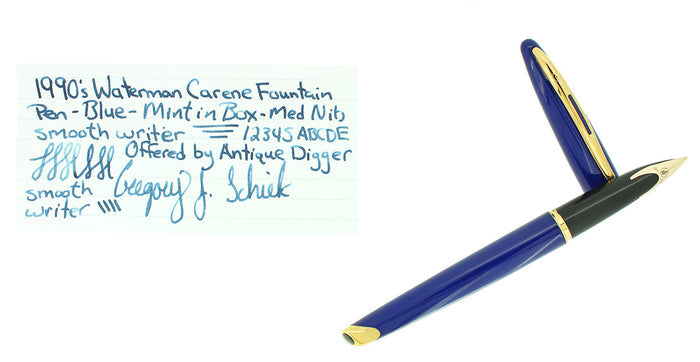 WATERMAN CARENE ABYSS BLUE FOUNTAIN PEN WITH GOLD PLATED TRIM 18K MEDIUM NIB MINT IN BOX OFFERED BY ANTIQUE DIGGER