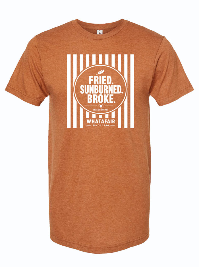 A heathered orange short-sleeve t-shirt with a white graphic print on the front. The graphic features vertical stripes, a circle, and the text 'FRIED. SUNBURNED. BROKE.'
